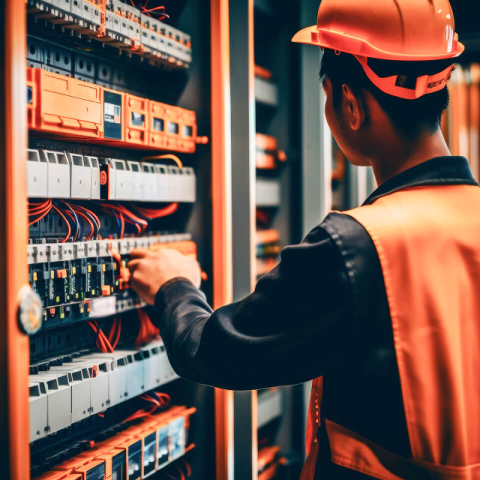 A worker in a hard hat working on a switch board